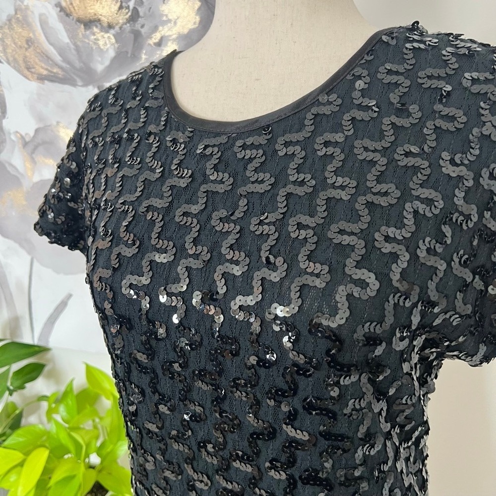 Vtg Petite Lanz Black Sequin Mini Cocktail Dress Made in USA Holiday Party Goth - Picture 7 of 9